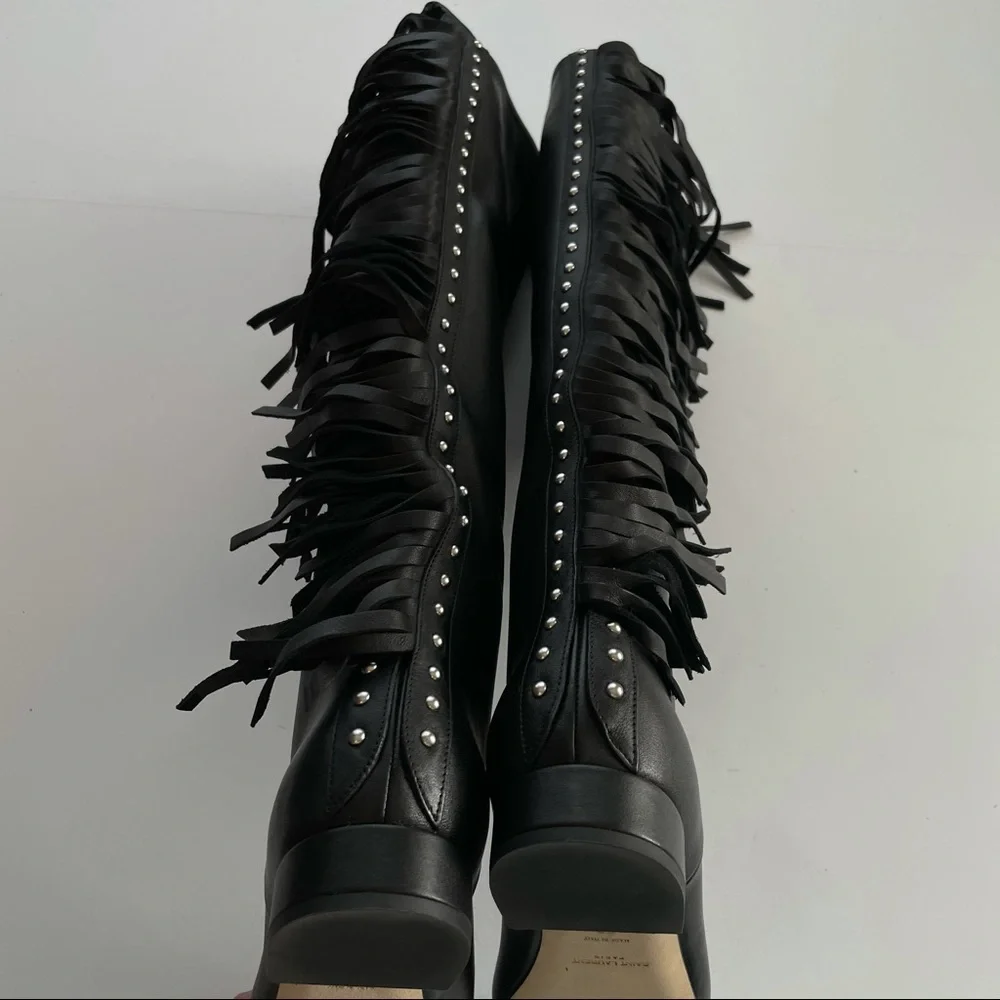 Saint Laurent Dana fringe stud knee high boots leather 8